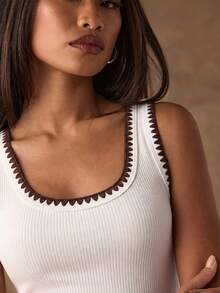 SHEIN BAE 94Cotton Women's Contrast Embroidered White And Brown Ribbed Camisole,Summer Casual Everyday Chic Off-Shoulder Top For Music Festivals And Parties - White - View 7