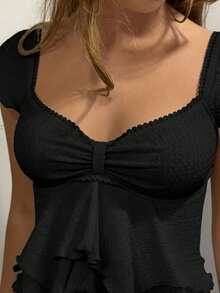 CovetEZ Sweetheart Neck Ruffle Hem T-Shirt,Summer Top - Black - View 6