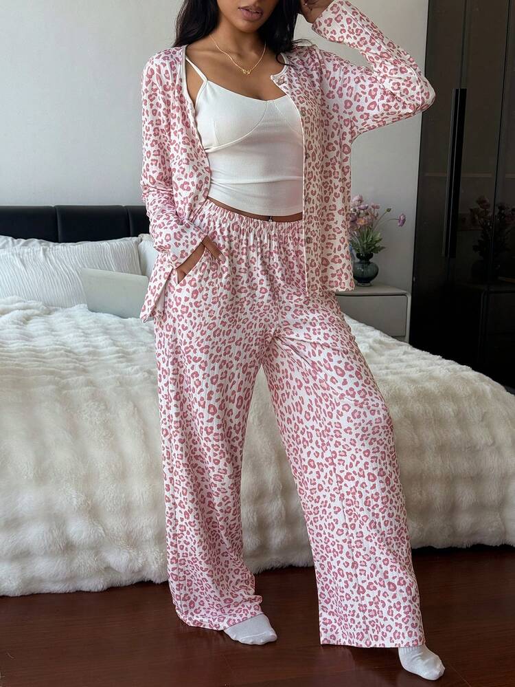 3pcs Solid Color Camisole, Leopard Print Cardigan & Pants Sleepwear Set For Women, Spring