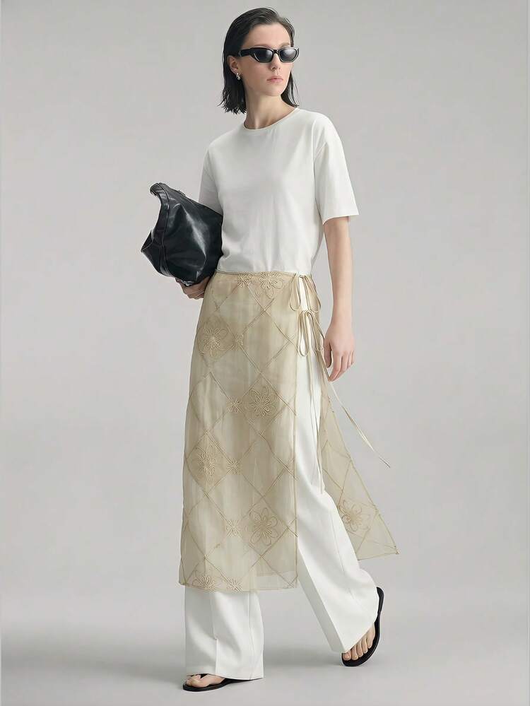 Women's Soft Tulle Patterned Embroidered Side Tie Bow Skirt,Beige,Summer,Boho,Picnic,Vacation,Holiday,Chic Urban Business Casual Office Wear,Commute