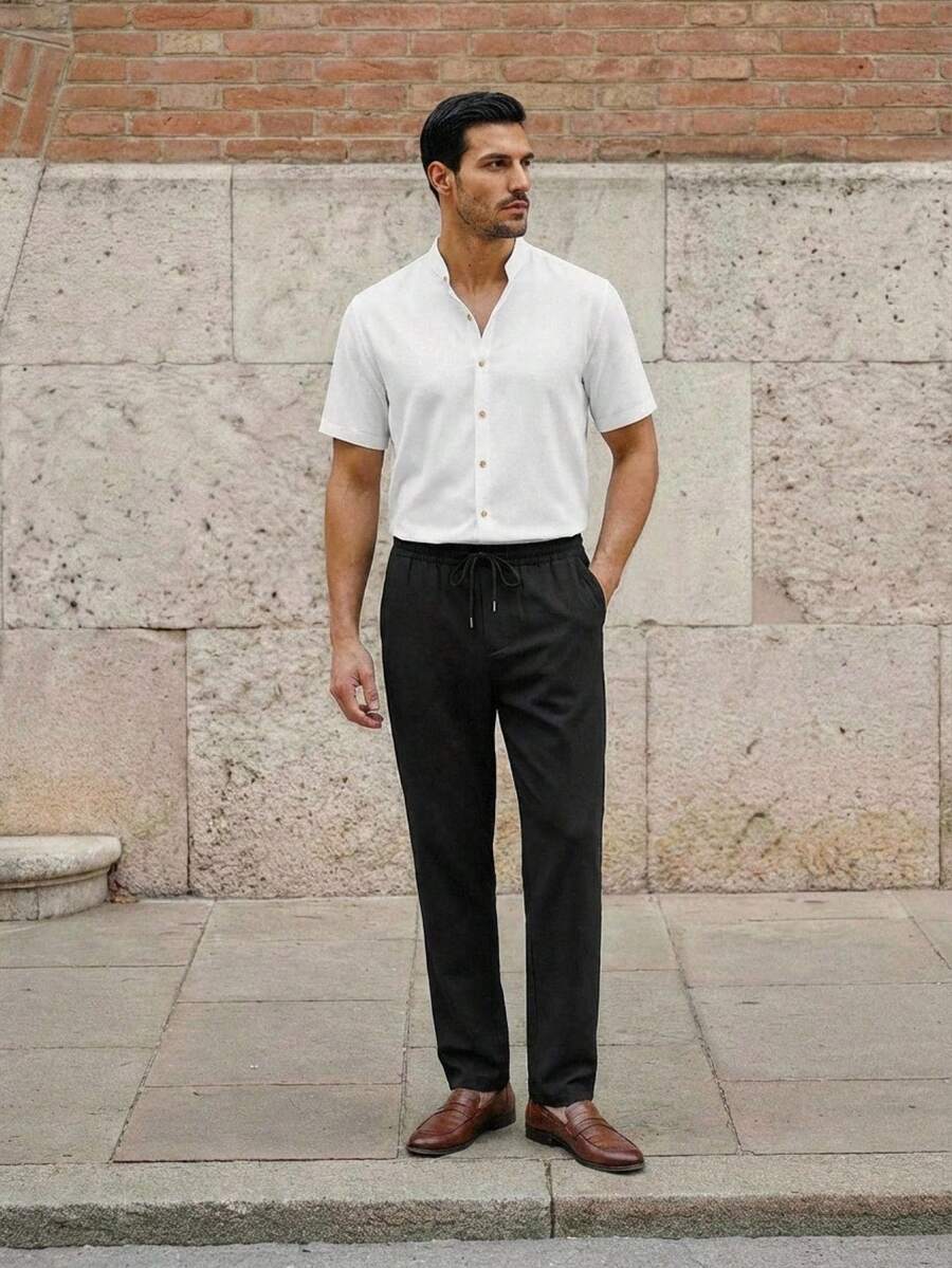 Manfinity VCAY 2 pièces Ensemble chemise décontractée à manches courtes et col rabattu coupe slim pour hommes. Ensemble d'été en lin 2 pièces pour hommes. Tenue d'été pour hommes 2 pièces - Multicolore - Voir 1