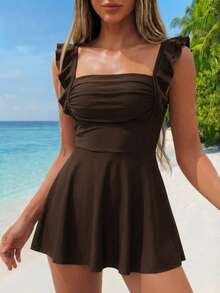 SHEIN Swim Women's Solid Ruffled Square Neck One-Piece Swimsuit With Solid Color Shorts For Summer Beach Vacation - Coffee Brown - View 1