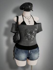 SHEIN ICON 大码女式水钻翅膀图案露肩假两件式T恤 - 灰色 - 查看 9