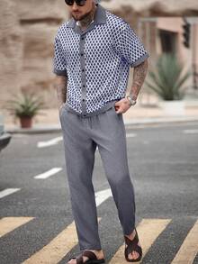 Manfinity Homme Bộ áo sơ mi và quần kẻ caro hình thoi phong cách thường ngày dành cho nam. - Màu xám đen - Xem 5