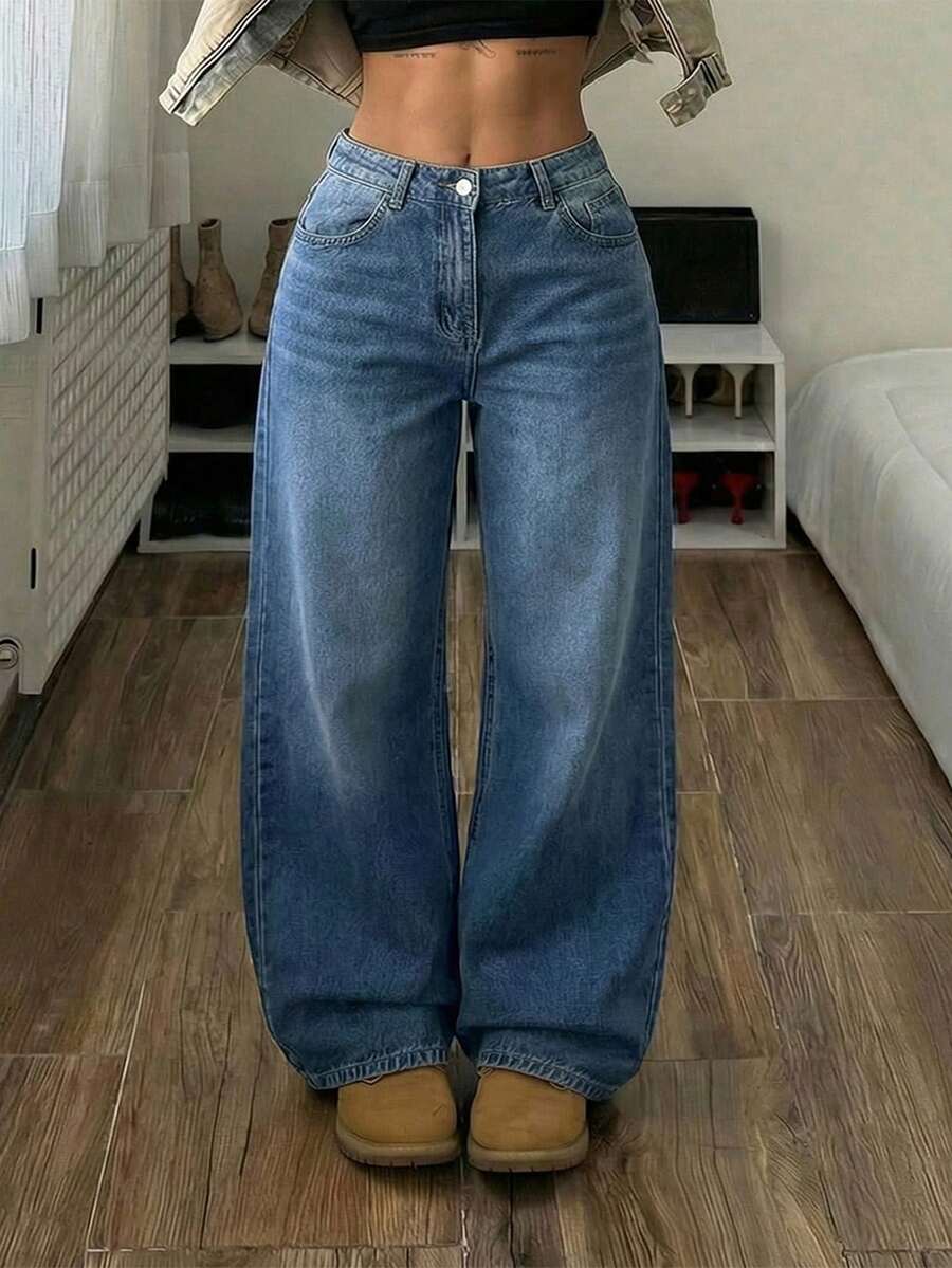 Jeanoix Quần jeans ống đứng dáng rộng, thoải mái, đa năng dành cho nữ cỡ lớn, có túi và cúc, thích hợp mặc hàng ngày. - Rửa tối - Xem 1