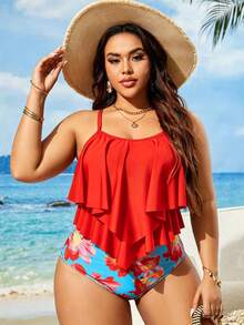 Swim Lushoire Plus Size Women Summer Beach Vacation Ruffle Strap Tankini Swimwear Set - Multicolor - View 5