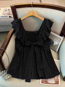 GlowEve CURVE Plus Size Women's Romantic Ruffled Hem Solid Color Casual Commuting Fashionable Blouse, Suitable For Spring And Summer - Black - View 1