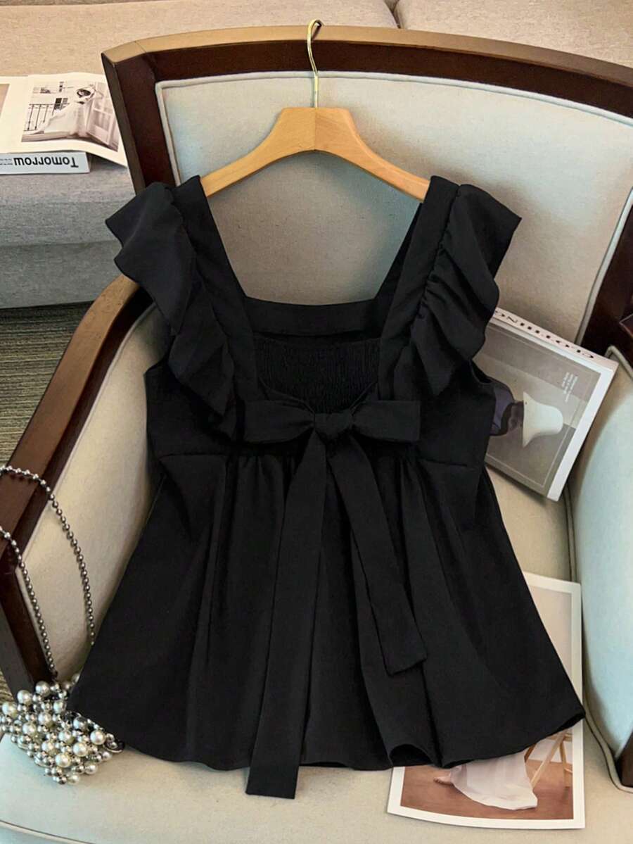 GlowEve CURVE Plus Size Women's Romantic Ruffled Hem Solid Color Casual Commuting Fashionable Blouse, Suitable For Spring And Summer - Black - View 1