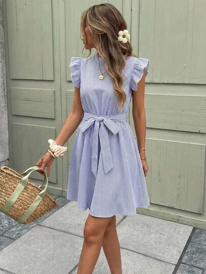 SHEIN Clasi Women's New Elegant Blue & White Striped Cinched Waist Ruched Waist Short Dress, Suitable For Daily Wear In Multiple Occasions Work Wear Gift For Mom A-Line Festival Outfit Beach Date Night ,Summer Dress,Elegant Dress Summer Spring Easter Festival Party Beach Wedding Graduation Elegant Casual Vacation Sports Formal Y2k Business Country  Gift For Mom A-Line Festival Outfit Beach Date Night ,Summer Dress,Elegant Dress Casual Dresses For Women Cute Dresses For Women Summer Outfits For Women Dress Striped Dress Ruffle Sleeve Dress Casual Dresses For Woman Picnic Dresses For Women