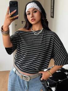 Coolane Women's  Plus Size Summer Outfits Oversized Inclusive Sizing Holiday Outfits Black Stripe Casual Slash Shoulder Asymmetrical T-Shirt Plus Size Waist-Defining Top, Figure-Flattering Fit - Black - View 1