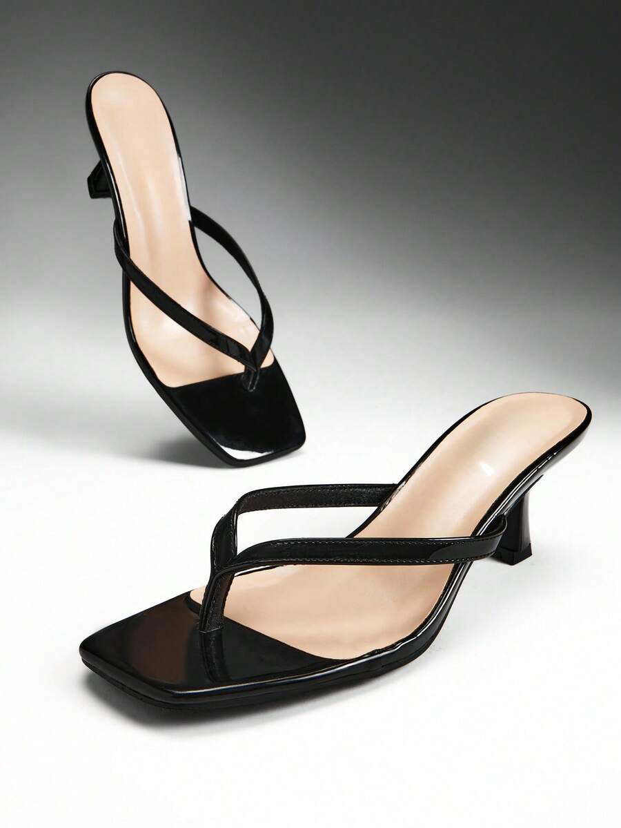 Denimoi Giày sandal quai mảnh mũi vuông đế bằng màu đen bóng cho nữ - Giày mùa xuân sang trọng và thoải mái - màu đen - Xem 1