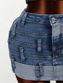SHEIN Chân váy mini denim ôm sát thiết kế cài nút ở eo dành cho nữ - Màu xanh lam - Xem 3