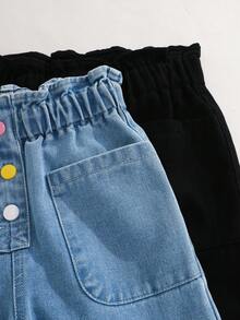 SHEIN 2件組少女藍色開學季寬鬆花卉腰部收顯瘦牛仔褲，柔軟棉質丹寧褲，附鬆緊腰帶、口袋與鈕扣，適合夏季 - 彩色 - 查看 7