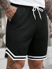Manfinity CasualCool 男士舒适几何压花面料抽绳弹力腰篮球短裤，罗纹裤脚，适合休闲、派对、外出、运动、办公、春秋季穿着，经典武士风格 - 黑色 - 查看 7
