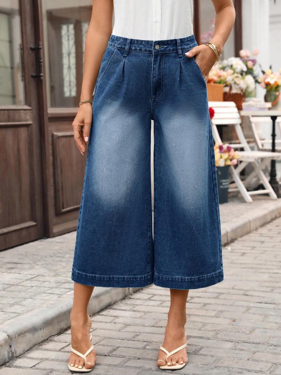 EMERY ROSE Quần jeans nữ ống rộng xếp ly có túi, dáng suông, dài đến mắt cá chân (7/8), kiểu dáng thường ngày. - Rửa trung bình - Xem 1