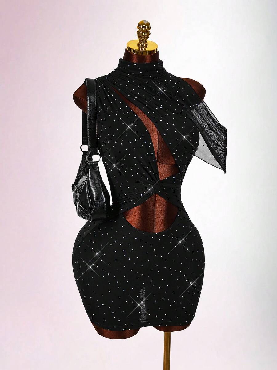 Amplova Đầm ngắn dự tiệc chấm bi xếp tầng thời trang dành cho nữ - màu đen - Xem 1