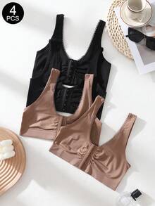 Women's 4-Packs Solid Color Seamless Front-Closure Bra With Shirring Detail, Non-Adjustable Straps & Unlined Design - Multicolor - View 3