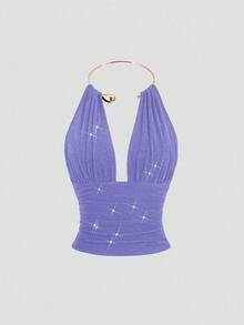 SHEIN Sweetro Áo hai dây choker xếp ly, bóng bẩy, khoét sâu lưng, gợi cảm dành cho nữ, kiểu dáng thời trang, tôn dáng, thích hợp cho tiệc tùng, mùa xuân/hè. - Màu tím  Violet - Xem 5