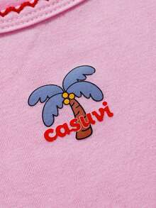 SHEIN Casuvi Kids 2件組少女可愛圓領針織櫻桃刺繡無袖上衣與牛仔百褶刺繡牛仔裙，甜美可愛夏季套裝 - 淺藍色 - 查看 4