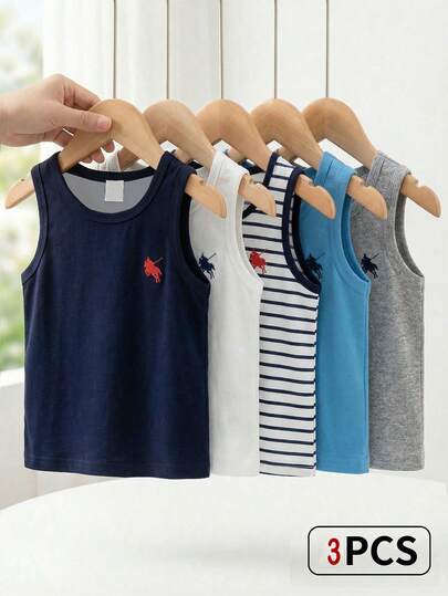 SHEIN Bộ 3 món áo vest cho bé trai phong cách thường ngày tối giản cổ điển, kiểu dáng preppy, kẻ sọc, logo ngựa, rộng rãi, thoải mái, phù hợp cho mùa xuân và mùa hè.