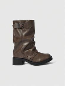 ROMWE Fairycore Botas de Salto Alto para Mulheres, Nova Cor Caramelo com Fivela, Salto Grosso e Plataforma Retrô, Bainha Dobrada Estilo Ocidental, Botas de Motoqueiro Vintage em Marrom, Ajuste Slim para Outono/Inverno - Caqui - Visão 5