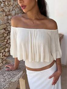 Lumalex 女士优雅露肩荷叶边修身毛衣，夏季 - 杏色 - 查看 2