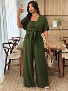 Weeklong Plus Size Women Spring/Summer Casual Vacation Tie-Front Cardigan And Jumpsuit Set - Army Green - View 3