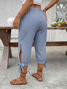 EMERY ROSE Plus Size High Waist Drawstring 7/8 Pants, Spring/Summer - Blue and White - View 7