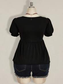 SHEIN ICON 大码女式纯色扭花袖T恤 - 黑色 - 查看 2