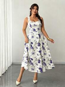 Elenzga 大码女式优雅印花高弹力面料吊带裹身系带腰部蝴蝶结褶皱长裙，百搭设计，适合派对、音乐节、休闲、度假、约会之夜、情人节等场合。 - 彩色 - 查看 8