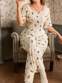 CottageSlumber Plus Size Women Cute Bear Lace Trim Sleepwear Set - Apricot - View 1