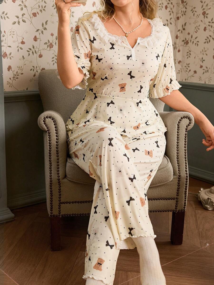 CottageSlumber Plus Size Women Cute Bear Lace Trim Sleepwear Set - Apricot - View 1
