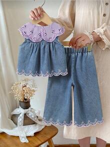 SHEIN Countryside Style Peter Pan Collar Girls' Outfit, Baby Girl Fashion Embroidered Hem Sleeveless Top And Long Pants 2-Piece Set - Mauve Purple - View 2