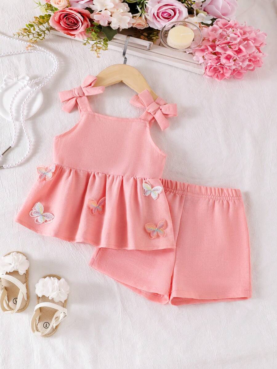 SHEIN 2pcs/Set Baby Girls' Pink Spaghetti Strap Bow Embroidered Butterfly Decor Tank Top & Solid Shorts,Cute Summer Vacation Outfit For Kids 1-2 Years Old - Pink - View 1