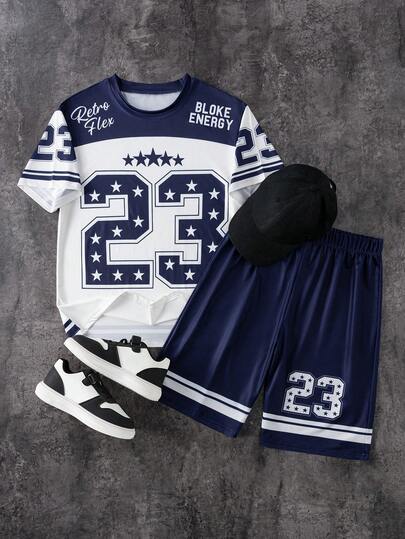 SHEIN Coolqubz 2件套青少年男孩卡通动漫人物圆领休闲T恤和运动短裤套装