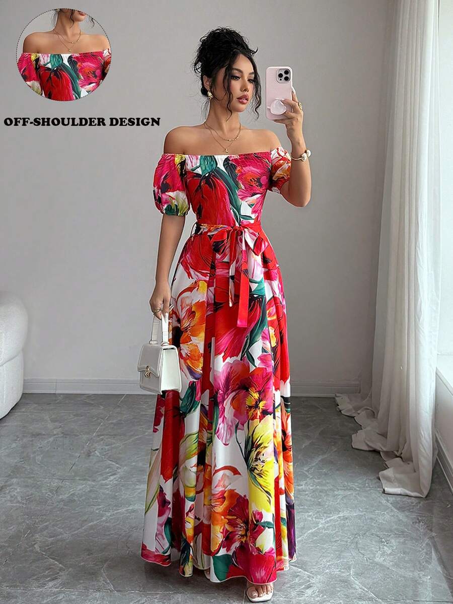 SHEIN Elenzya Off-Shoulder Floral Maxi Elegant Dress - Multicolor - View 1