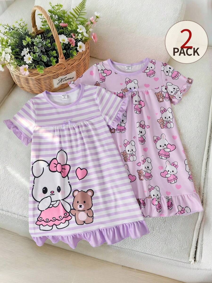 2件套幼儿女童卡通主题粉色条纹连衣裙，兔子和熊印花，荷叶边下摆，蝴蝶结装饰短袖睡裙 - 淡紫色 - 查看 1