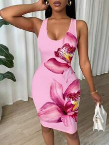 Eryvara Gaun Bodycon Tanpa Lengan Slim Fit Berlipit Motif Tie Dye untuk Pakaian Tahun Baru - Berwarna merah muda - View 6