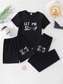 3pcs Girls Casual Comfortable Black Sleepwear Set With Slogan Graphic Short Sleeve Top, Shorts And Pants - Black - View 3