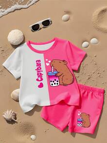 SHEIN Bộ đồ thời trang màu hồng dễ thương hoạt hình trà sữa bong bóng màu xanh cho bé gái mới biết đi + quần đùi đạp xe - Nhiều màu - Xem 3