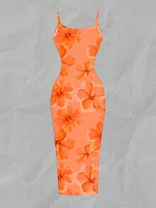 SHEIN EZwear 女士碎花印花优雅收腰中长吊带连衣裙，适合夏季度假和约会 - 彩色 - 查看 3