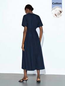 Maija Blue Dresses Outfit Deas For Navy Blue Deep V-Neck Puff Sleeve Cinched Waist Flared Dress For Women Winter Dress Women For Women Long Party Dress Wedding Party Dress Elegant Dresses For Women Stylish Clothing Collection Wrap Dress Ankle Length Dress Front Tie Dress Women's Summer Dresses Vacation Outfits Women Festival Outfits Work Outfits For Women - Navy Blue - View 4