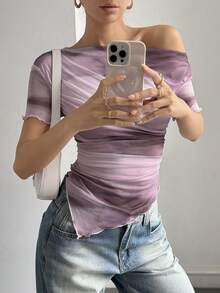 DAZY 女士休闲优雅渐变粉色网眼T恤，春夏款 - 粉色 - 查看 3