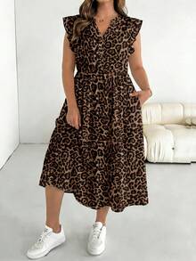 SHEIN Essnce Plus Size Women Leopard Print Short Sleeve Casual Vacation Dress, Coffee Color - Multicolor - View 3