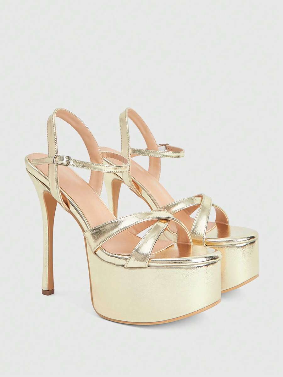 CUCCOO LuxiPop Sandálias femininas de salto fino, plataforma alta impermeável, com tiras cruzadas e tira transparente. Sandálias douradas femininas estilo balada, sexy e modernas. - Ouro claro - Ver 1