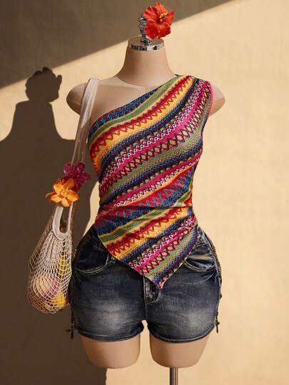 SHEIN ICON Blusa casual de hombro a rayas con bajo asimétrico para mujer talla grande, versátil para uso diario