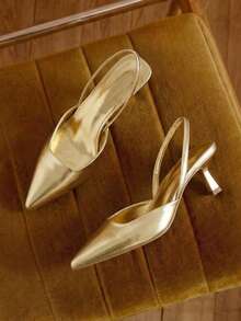 Eladyva Women Solid Color Leather Kitten Heel Shoes, Elegant Pointed Toe High Heels, Fashionable Ankle Strap Pumps, Formal Shoes For Party & Wedding - Gold - View 1