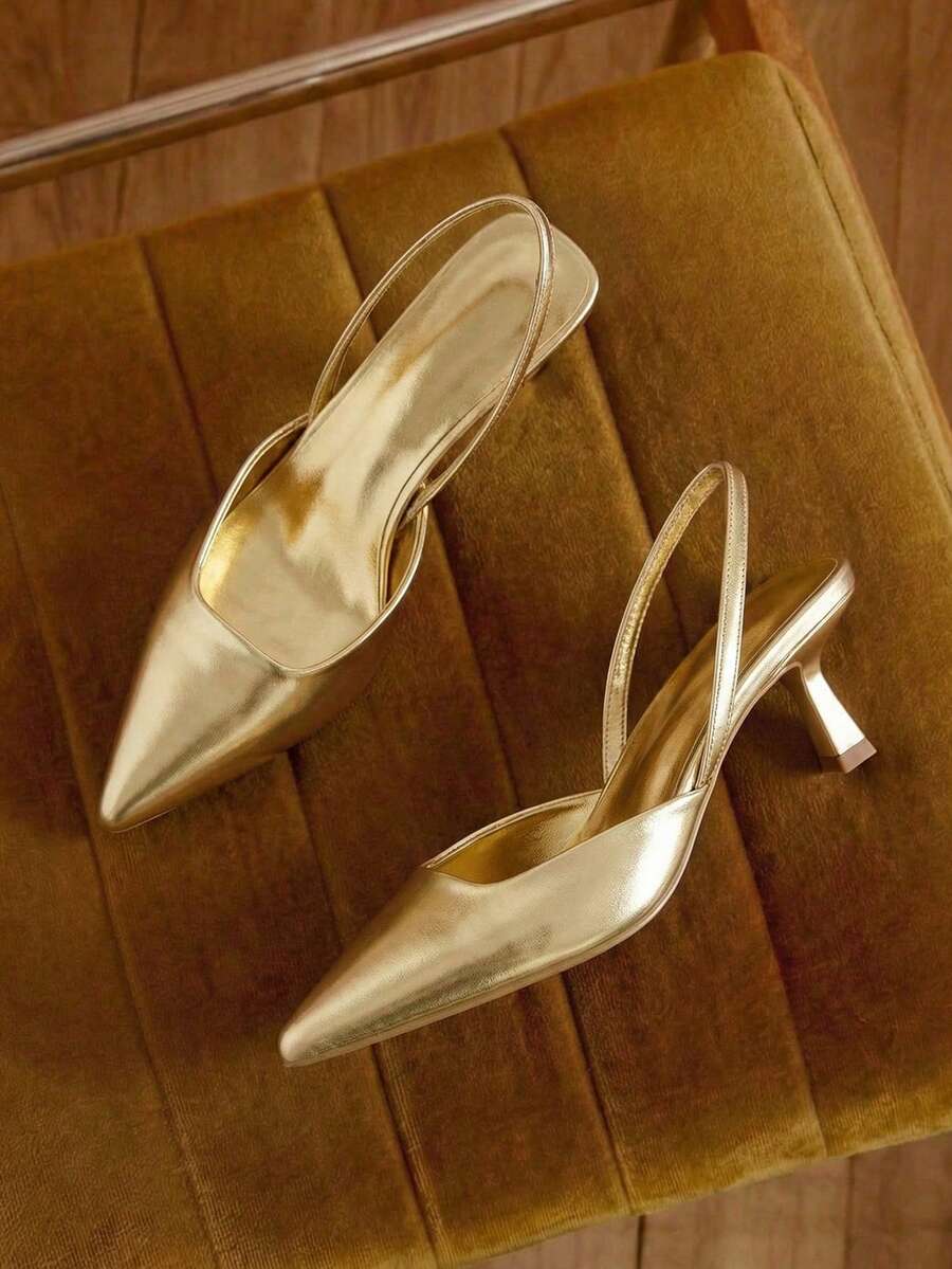 Eladyva Women Solid Color Leather Kitten Heel Shoes, Elegant Pointed Toe High Heels, Fashionable Ankle Strap Pumps, Formal Shoes For Party & Wedding - Gold - View 1
