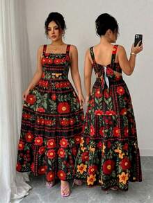 SHEIN Elenzya 大码女式印花方领收腰修身连衣裙，后背蝴蝶结设计，A字廓形，休闲通勤风，简约法式乡村浪漫风，适合日常穿着、约会、海滩度假，春夏皆宜。 - 黑色 - 查看 1