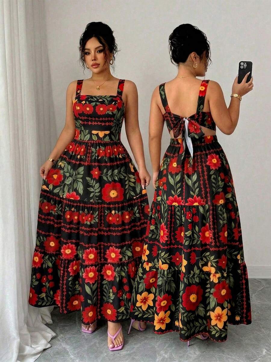 SHEIN Elenzya 大码女式印花方领收腰修身连衣裙，后背蝴蝶结设计，A字廓形，休闲通勤风，简约法式乡村浪漫风，适合日常穿着、约会、海滩度假，春夏皆宜。 - 黑色 - 查看 1